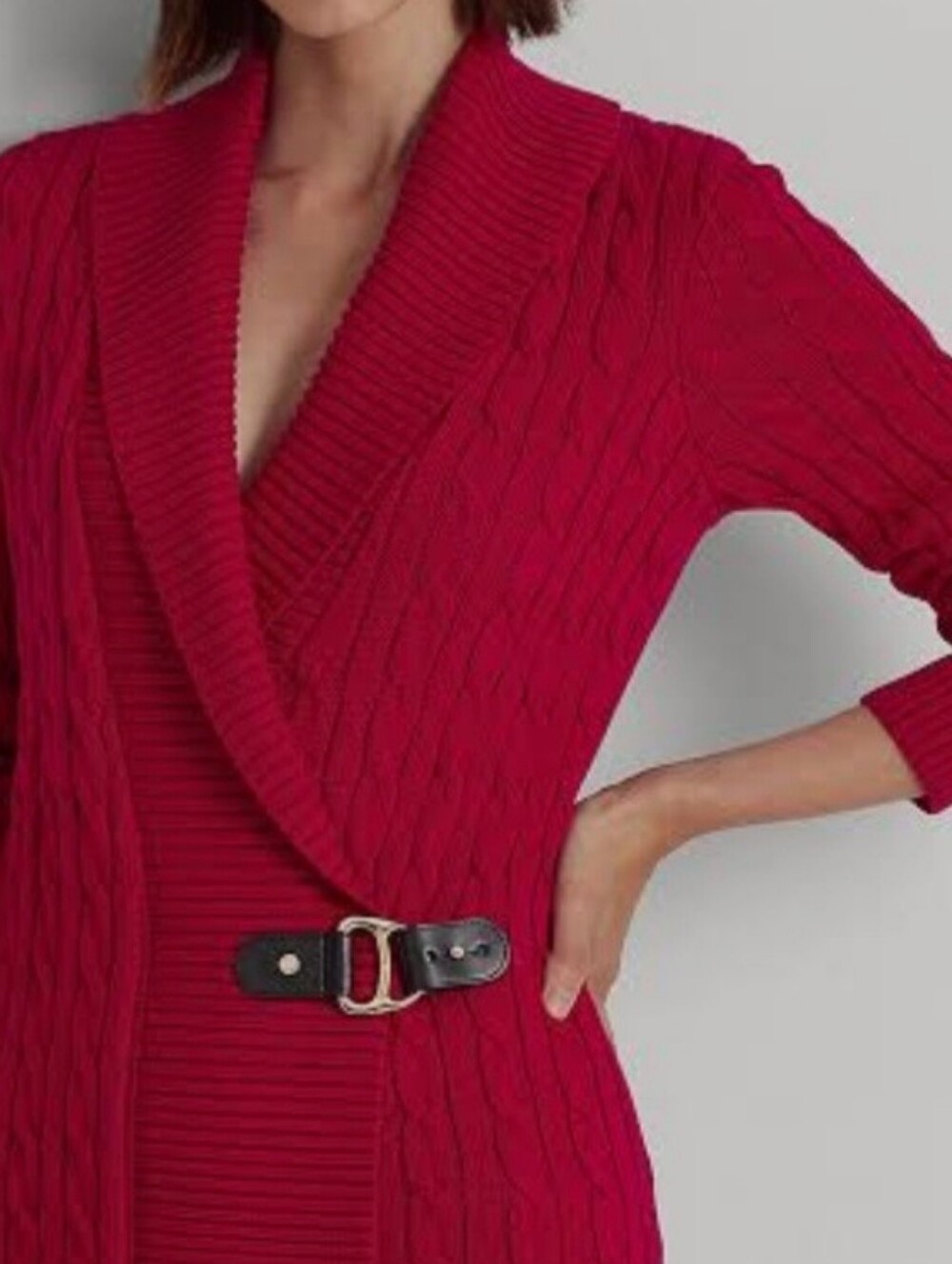 Lauren Ralph Lauren Red Cable Knit Wrap Cardigan Buckle Shawl Collar XS petite